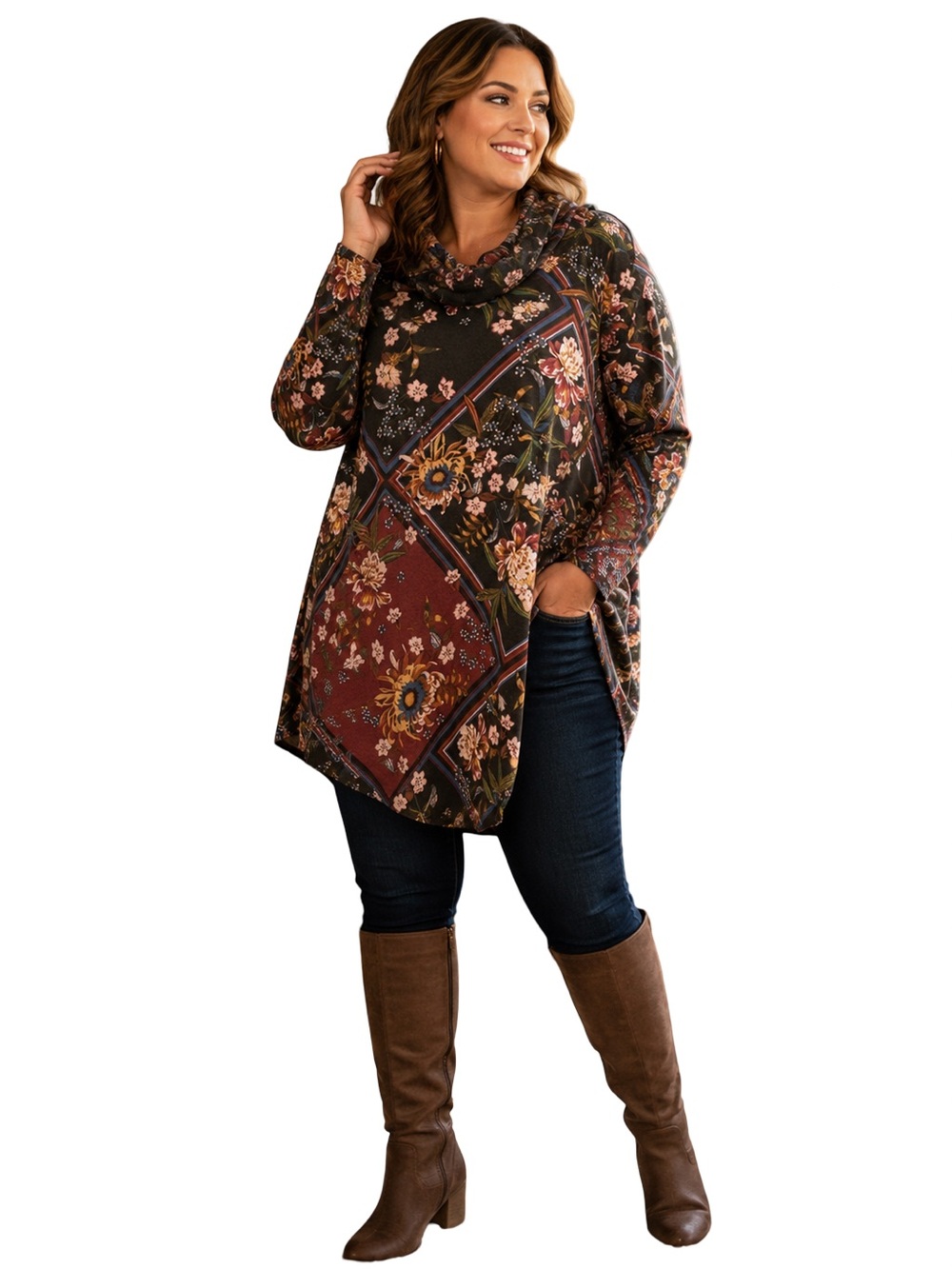 NWT Premise Studio Tunic Sweater Top 2X  Cowl Neck floral Patchwork Cozy Plus